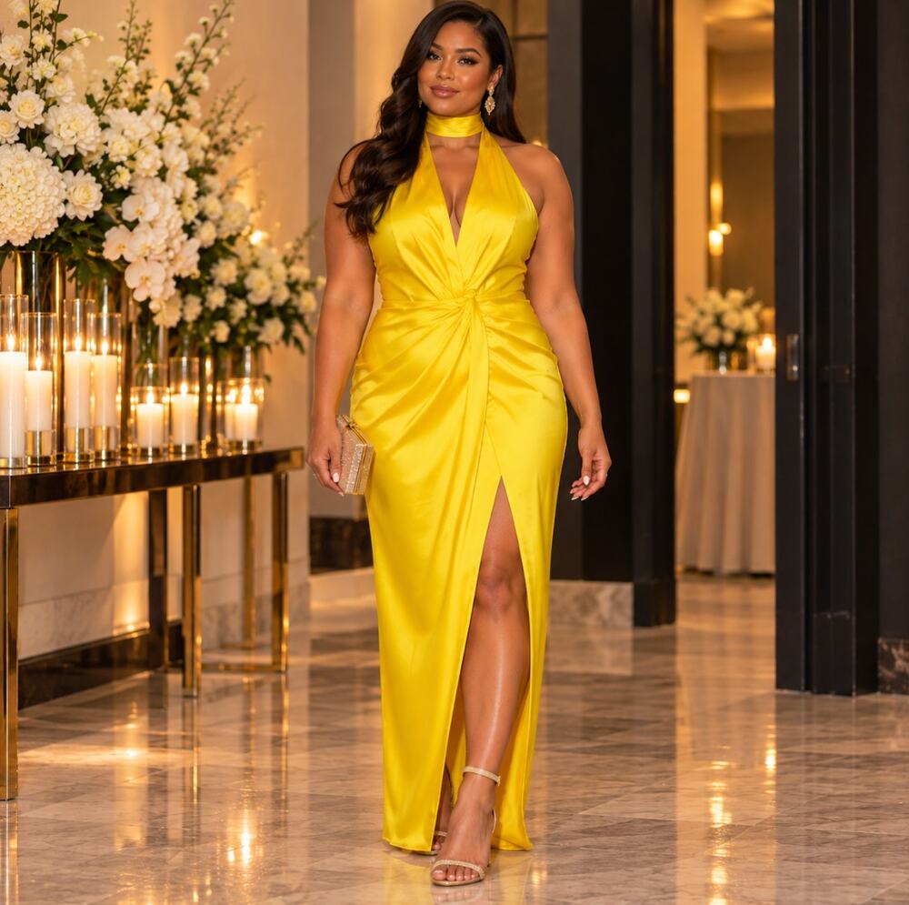 NWT Yaura Yellow Halter Satin Maxi Dress Women's Size UK 12 US L